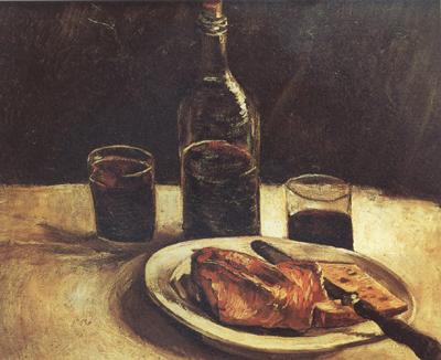 Vincent Van Gogh Still life with a Bottle,Two Glasses Cheese and Bread (nn04) China oil painting art